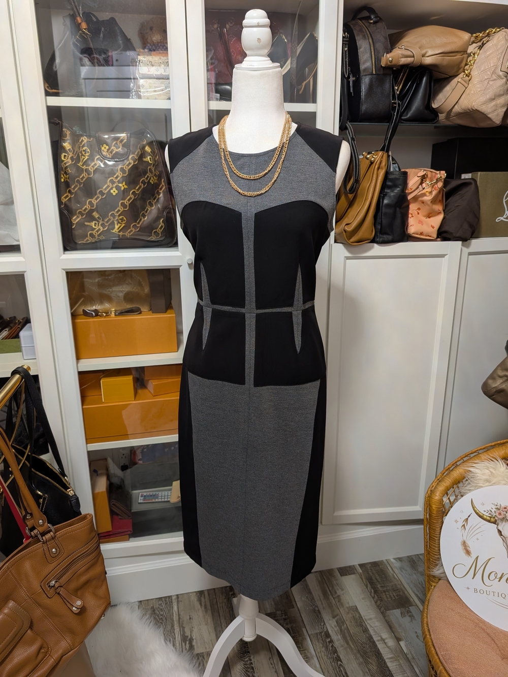 BCBGMaxAzria Black and Grey Colorblock Sheath Dress